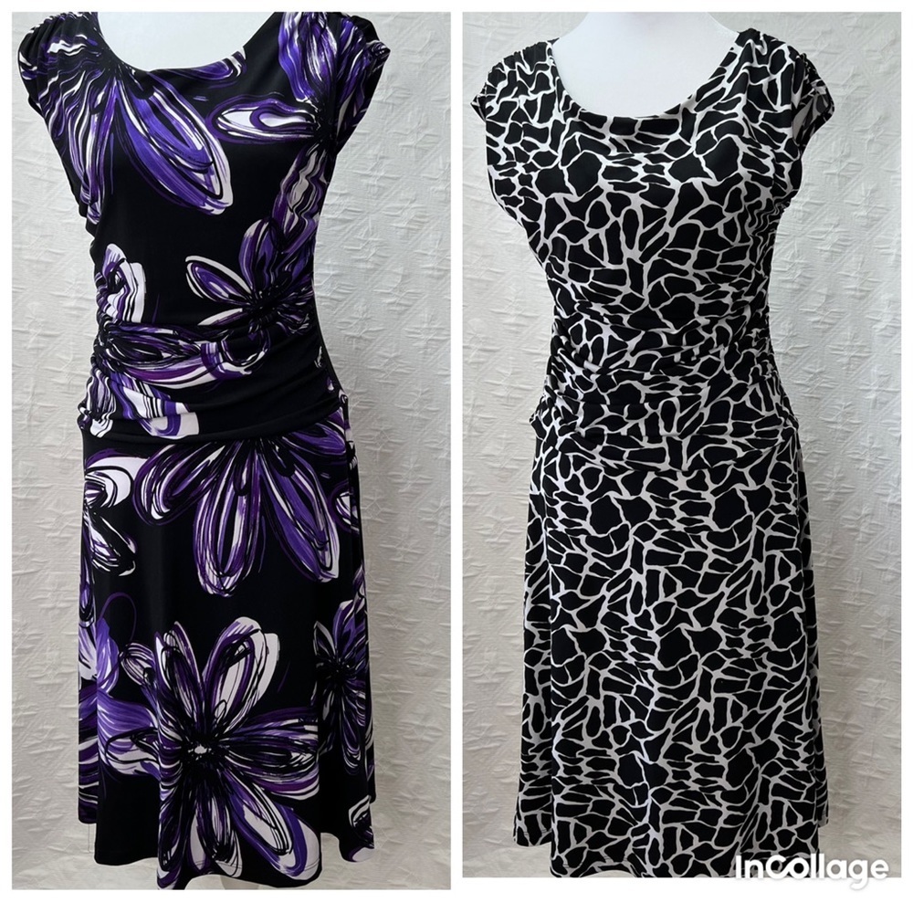 Enfocus Studio Black & Purple Floral and Black & White Print Midi Dress Set